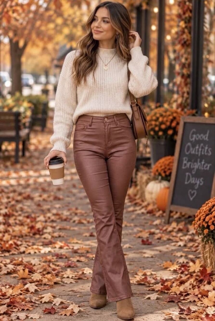 NWT Edikted Size Medium Brown Coated Faux Leather Flare Jeans MSRP$110